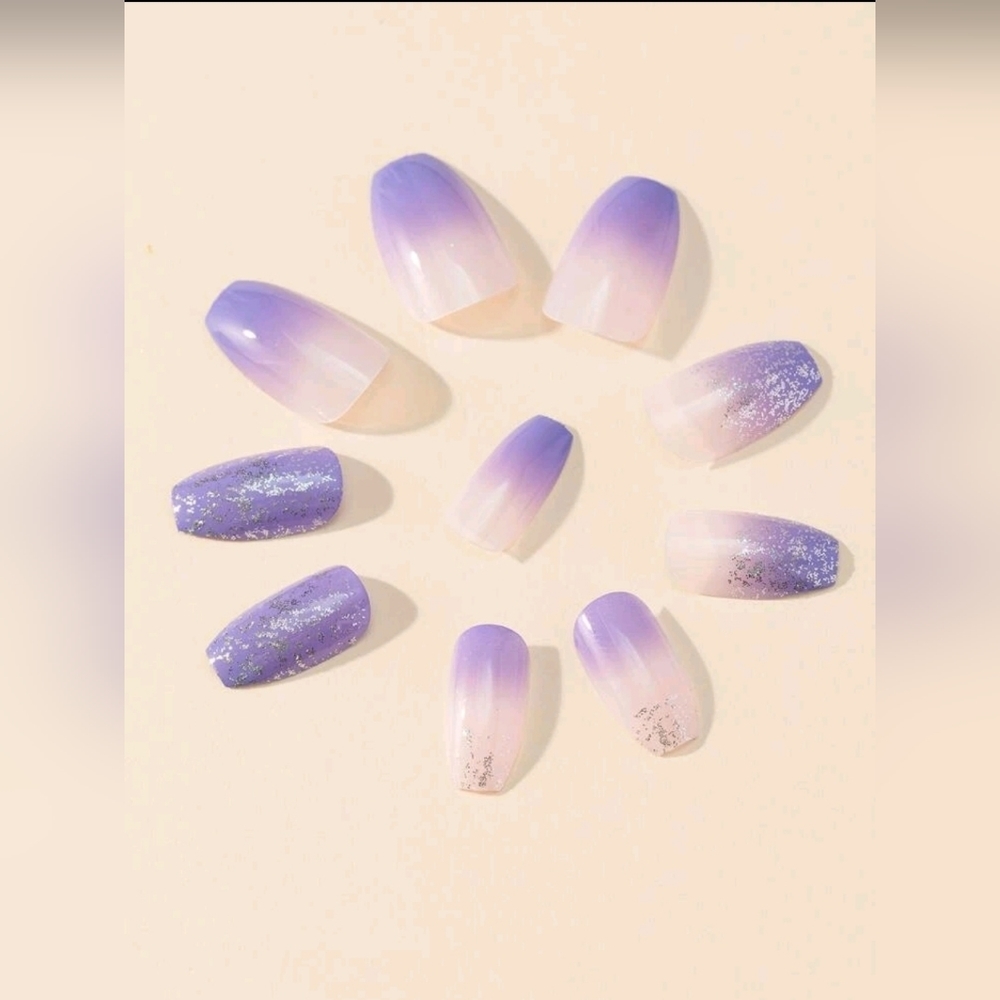 SHORT Coffin Purple and white Press-on Nail Set - Picture 3 of 3